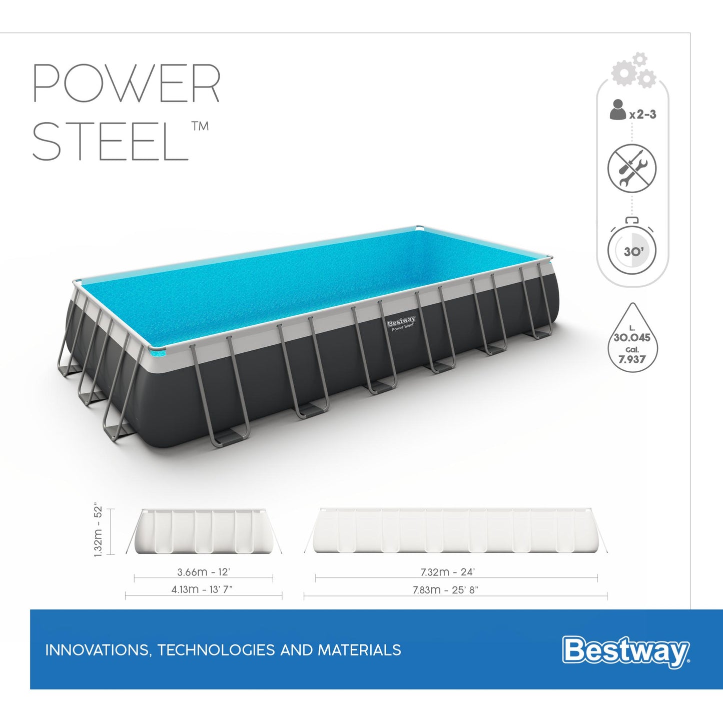 BESTWAY POWER STEEL RECTANGULAR ABOVE GROUND SWIMMING POOL 732X366X132 CM - 56475