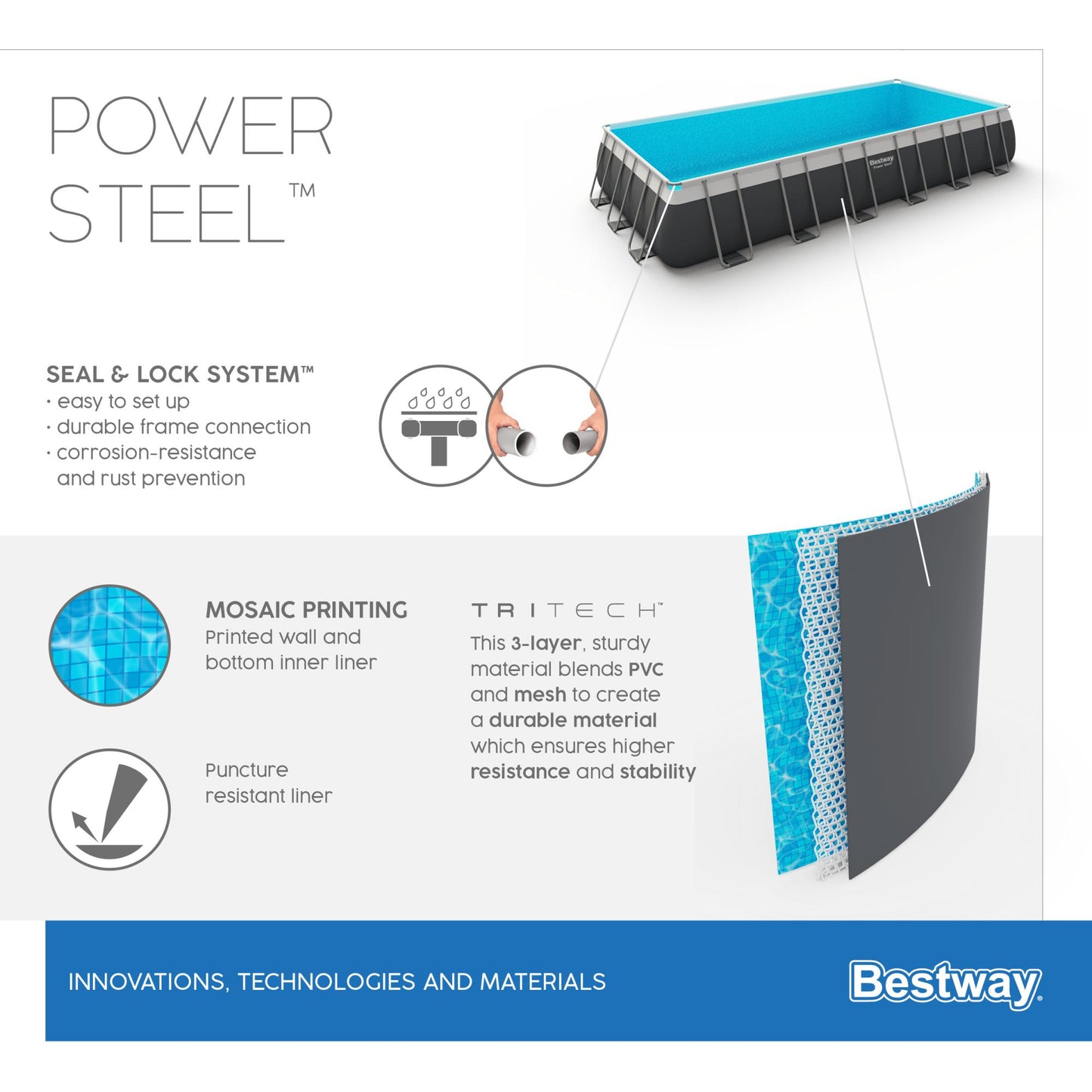 BESTWAY POWER STEEL RECTANGULAR ABOVE GROUND SWIMMING POOL 732X366X132 CM - 56475
