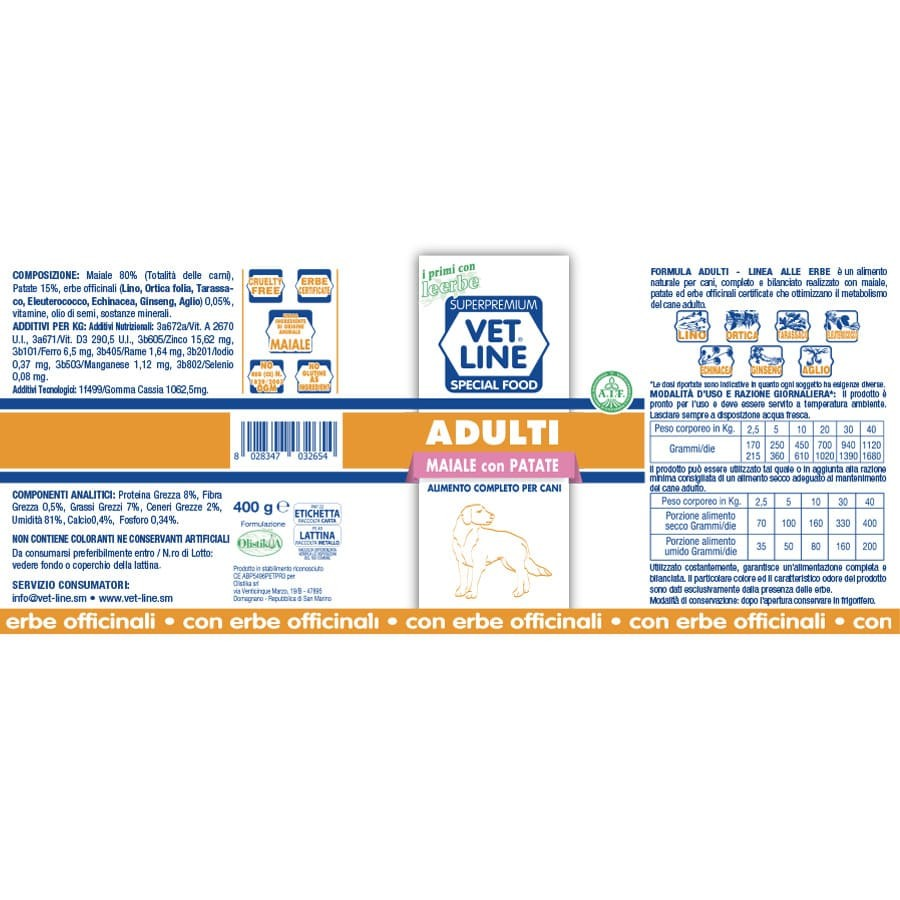 VET LINE CIBO CANE, MAIALE E PATATE 400G